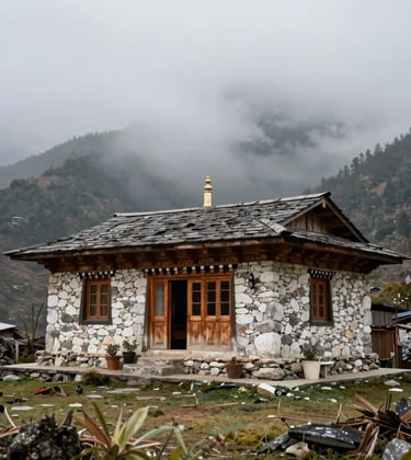 A luxury stone and wood cottage nestled in a misty Himalayan valley, South Asian / Indian mountain architecture, professional architectural photography, soft natural lighting.