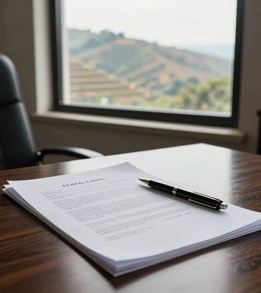 A professional setting showing real estate legal documents and a pen on a polished dark wood desk. A window in the background shows a serene view of terraced hills. South Asian / Indian office aesthetic.