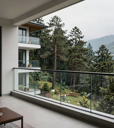 A modern luxury apartment balcony with a glass railing, showcasing a breathtaking view of the pine forests of Mussoorie, South Asian / Indian decor accents.