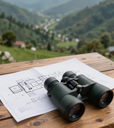 A high-quality architectural plan and a pair of professional binoculars lying on a wooden table, overlooking a lush green valley in Uttarakhand. The scene is bright and professional. South Asian / Indian setting.