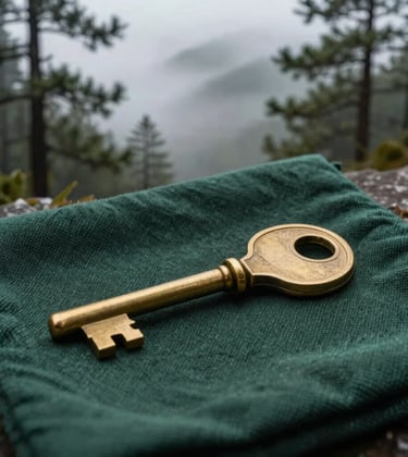 A close-up photograph of a brass key sitting on a dark green textured cloth, with a background view of a mist-covered pine forest. The mood is sophisticated and promising. South Asian / Indian mountains.