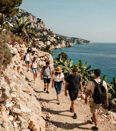 Scenic outdoor photography of an excursion along the cliffs of Gazipasa. Adventurous travelers from the Turkish Riviera / European expat and tourist community are hiking a trail overlooking the turquoise sea and green banana plantations under bright, warm Mediterranean sunlight.
