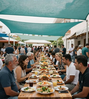 High-quality photography of an outdoor community festival in Gazipasa on the Turkish Riviera. Long wooden tables are filled with local food, surrounded by diverse people from the Turkish Riviera / European expat and tourist community laughing and sharing stories under beautiful pastel teal and light sage green shade sails.