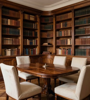 An intimate wood-paneled library room in a historic Parisian mansion, perfect for high-level meetings. Soft warm lighting and off-white upholstery. European / French.