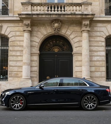 Photography of a sleek, dark navy luxury sedan parked in front of a grand stone entrance in Paris. The image conveys seamless transportation and executive service. European / French style.