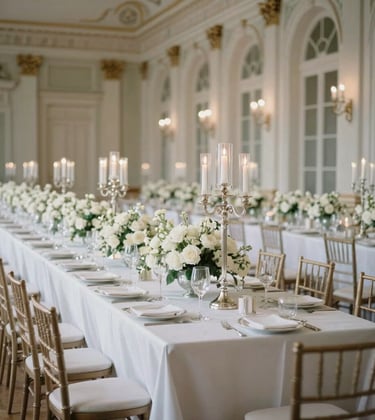 A wide photography of a grand ballroom in a French chateau prepared for a corporate gala. Long tables decorated with white flowers and silver candlesticks. Soft, sophisticated lighting. European / French elegance.