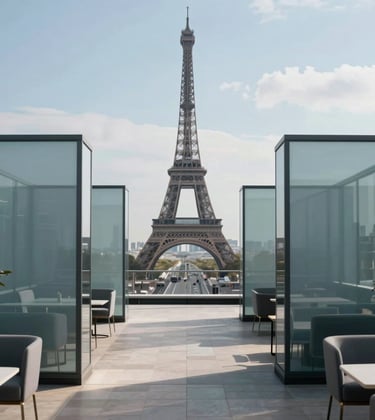 A modern, minimalist corporate rooftop in central Paris with a view of the Eiffel Tower. Muted blue glass partitions and sleek furniture. Daylight photography. European / French.