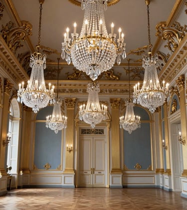 Professional photography of a grand ballroom in a French chateau, featuring crystal chandeliers and ornate gold leaf details. Subtle Navy blue accents in the decor. European / French.