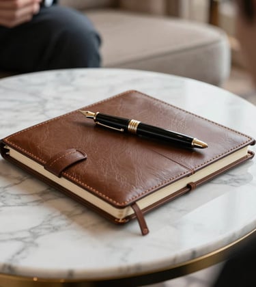 Close-up of a professional planning session in a luxury Parisian hotel suite. An elegant leather-bound notebook and a designer fountain pen rest on a marble table. European / French aesthetic, clean and sophisticated.