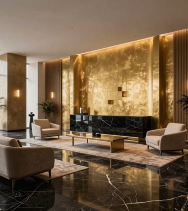 A professional interior photography shot of a luxury high-rise lobby in Netanya, Israel. The space features black marble floors, polished gold wall accents, and minimalist, high-end furniture. The lighting is soft and warm, conveying the atmosphere of a private wealth advisory firm.