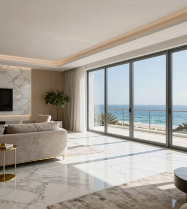 A spacious, high-end living room in a Netanya penthouse featuring white marble floors, gold accents, and floor-to-ceiling windows overlooking the sea.