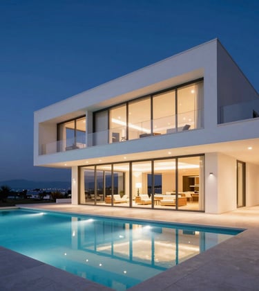 A high-end architectural photo of a modern white minimalist villa in Netanya, Israel. The image features floor-to-ceiling glass windows and a sleek infinity pool at twilight, with warm interior lights glowing against the deep navy blue evening sky.