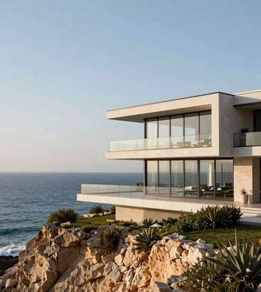A stunning exterior shot of a modern glass-and-steel villa on the Netanya cliffside, overlooking the Mediterranean sea.
