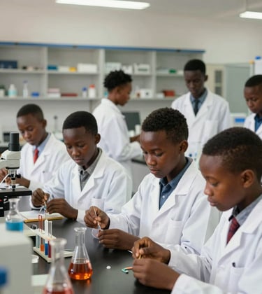 A group of West African secondary students engaged in a collaborative science experiment in a well-equipped, state-of-the-art laboratory. They are wearing professional white lab coats. The background features structured shelving and modern equipment, emphasizing academic excellence.