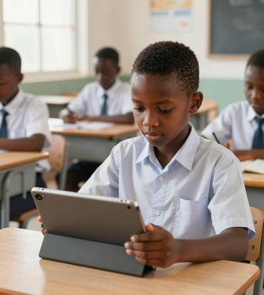 A focused West African primary student in a neat school uniform using a digital tablet in a bright, modern classroom. The setting is clean and structured, with pale gold and dark brown classroom details. Soft, natural lighting creates a calm, studious atmosphere.