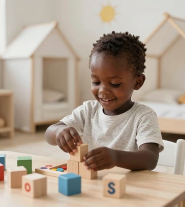 A cheerful West African kindergarten child playing with educational wooden blocks in a warm, off-white and pale gold nursery setting. The room is filled with soft natural light, conveying a sense of safety and early childhood development.