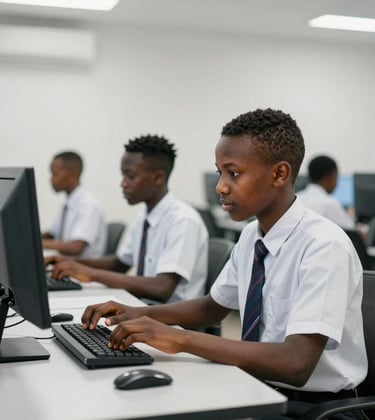 A focused West African student in a neat school uniform working on a modern desktop computer in a bright, clean computer lab. The lighting is professional and clear, emphasizing a future-ready learning environment.
