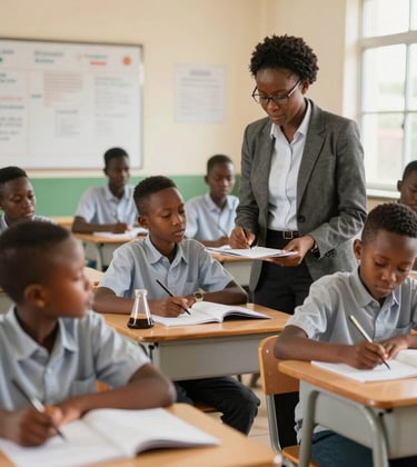 A classroom scene in Calabar where a teacher and West African students are engaged in a structured science lesson. The environment is orderly, professional, and academic, showing excellence in action.