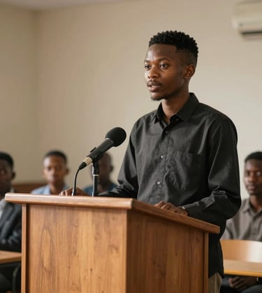 A young Nigerian student standing confidently at a wooden lectern, delivering a speech to an audience. The composition is structured and inspiring, using warm natural light to highlight leadership and communication.
