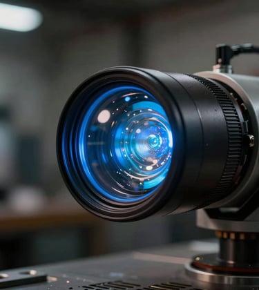 Extreme close-up of a robotic optical sensor glowing electric blue, reflecting a dark industrial European / British workshop, deep charcoal tones.