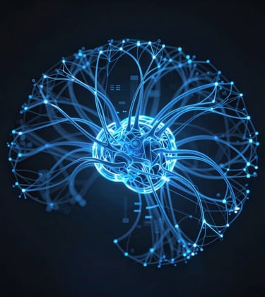Blue glowing neural networks pulsing with data streams against a deep charcoal backdrop, abstract digital architecture, cybernetic aesthetic.