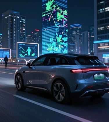 A futuristic electric SUV driving through a neon-lit smart city with digital navigation displays.