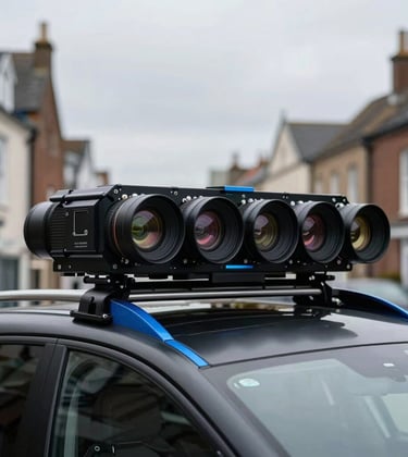 Detailed autonomous car sensor array mounted on a matte black vehicle roof, technical and industrial feel, overcast European / British day, electric blue accents.