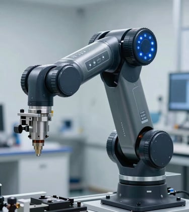 Close-up of a high-precision industrial robot arm in a dark charcoal finish, blue glowing status indicators, clean European / British laboratory environment.