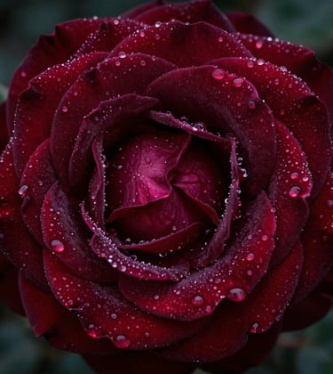 Macro photography of deep red damask rose petals covered in morning dew, elegant and moody lighting, rich dark burgundy tones, European garden style.