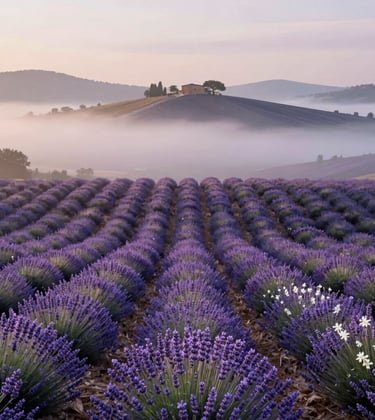 A serene photograph of the rolling hills near Grasse during the flower harvest. Soft morning mist over fields of lavender and jasmine. Elegant, natural lighting capturing the essence of the perfume capital. European / French landscape.