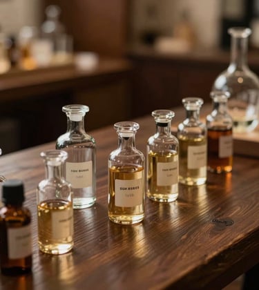 A close-up of a dark wooden table with glass apothecary vials containing essential oils, warm and sophisticated atmospheric lighting, professional parfumerie atelier.