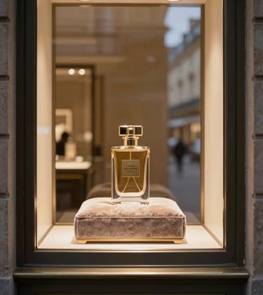 A close-up photograph of a luxury storefront in Paris at dusk. The glass window displays a single, beautifully crafted perfume bottle on a velvet cushion. The lighting is warm and inviting, highlighting the refined textures. European / French setting.