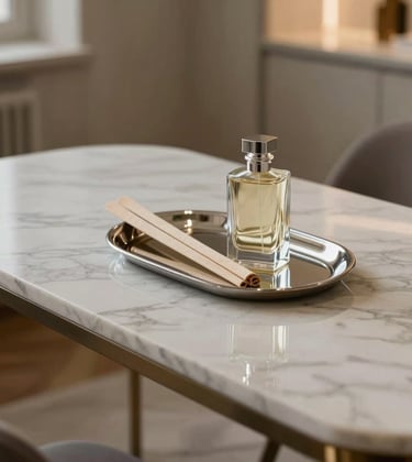 An artistic indoor shot of a marble consultation table in a luxury boutique. A silver tray holds delicate scent strips and a heavy glass bottle of perfume. Soft, cinematic lighting creates a sense of exclusivity. European / French interior.