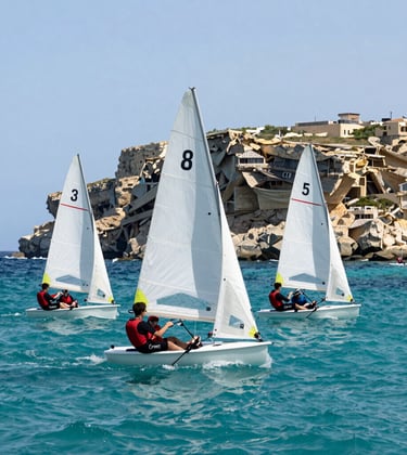 A vibrant coastal scene in St Paul's Bay, Malta, showing a group of students participating in a supervised sailing activity on turquoise waters. High-end Mediterranean leisure feel. North American / US photography style.