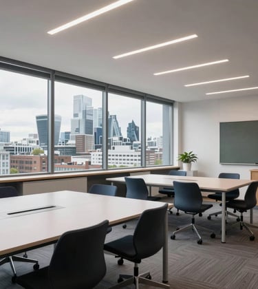 A modern, bright classroom in London with a view of the city skyline. The room is filled with contemporary educational furniture and clean lines, reflecting a high-end corporate educational environment.