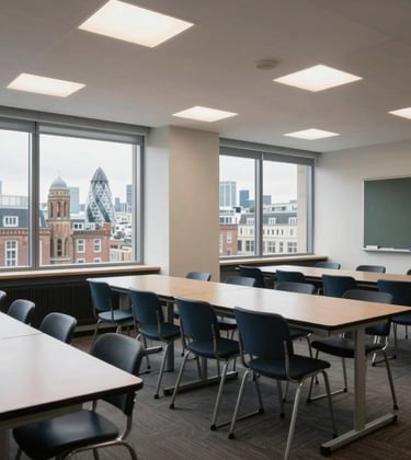 A bright, modern classroom interior in London with large windows offering a clear view of the city skyline and historic architecture. The room is clean and well-lit with professional furniture. North American / US aesthetic.