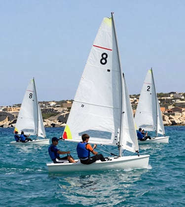 A high-action photograph of students participating in a supervised coastal sailing activity in the clear blue waters of St Paul's Bay, Malta, under bright Mediterranean sunlight.
