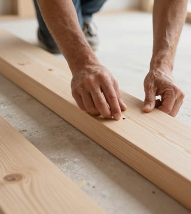 Close-up photography of a renovation site in Northern Europe. A craftsman's hands working with light oak wood planks. Bright natural light, minimalist aesthetic, focused on texture and precision.