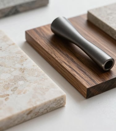 A close-up of high-quality renovation materials: a sample of polished stone, dark wood grain, and a matte graphite metal handle, arranged elegantly in a bright, modern studio setting.