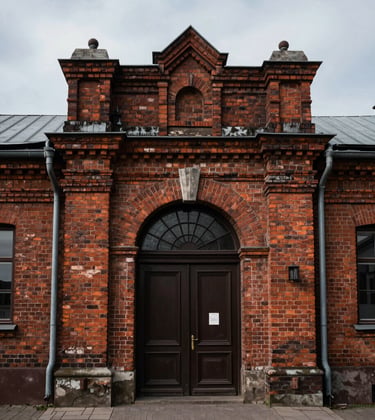 A moody, high-contrast photograph of an old, characterful brick building entrance in a Baltic city. Soft overcast light highlighting the texture of the aged materials.
