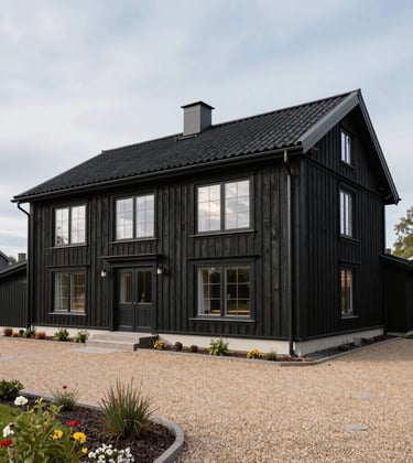 Exterior shot of a modernized traditional Baltic house. The architecture combines charcoal wood siding with large panoramic windows. Professional landscaping with sand-colored gravel paths surrounds the structure.