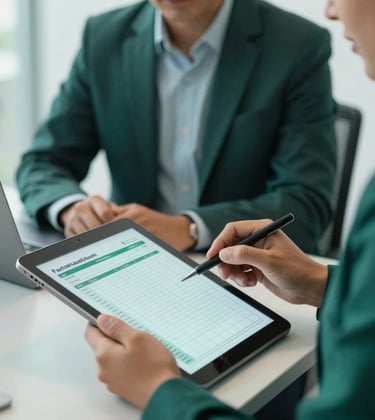 A close-up of a professional management team in a North American / Mexican (Yucatán) office environment. One person is reviewing a facility maintenance schedule on a tablet. The color palette includes professional Deep Sea Green and Soft Seafoam tones.
