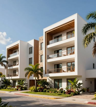A vibrant outdoor architectural photograph of a luxury residential complex in Temozón, Mérida, Yucatán. The building has modern lines and is surrounded by tropical landscaping, captured in bright midday sunlight.