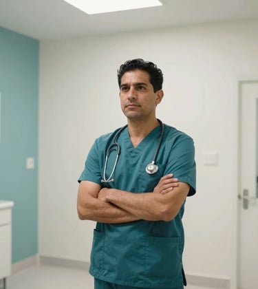 A bright and professional medical suite interior in Mérida, Yucatán, featuring medium teal and soft off-white decor. A North American / Mexican (Yucatán) healthcare worker is seen in the background, conveying trust.
