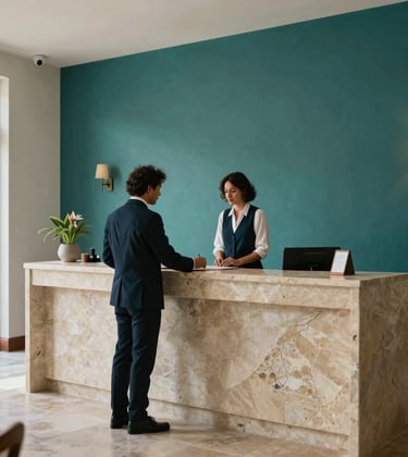 A high-end boutique hotel lobby in Mérida, Yucatán. A North American / Mexican (Yucatán) professional is checking in at a reception desk made of local limestone. The palette includes dark teal and light aqua accents.