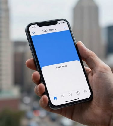 Close-up photography of a smartphone held in a professional's hand against a blurred North American city background. The screen shows a clean, user-friendly mobile application interface with blue and white colors.