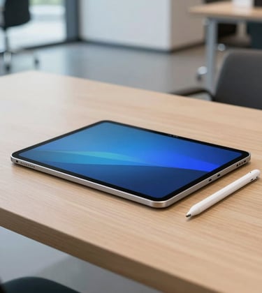A professional photography shot of a sleek tablet and stylus on a minimalist wooden table in a North American corporate lobby. The lighting is bright and modern, highlighting innovative digital design tools in blue and white colors.