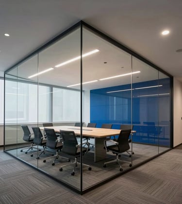 An wide-angle architectural photograph of a contemporary North American tech company conference room. Clean lines, glass walls, and sophisticated lighting reflecting off blue surfaces create a reliable and professional atmosphere.