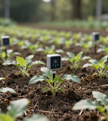 A detail-oriented shot of a climate-resilient crop trial in an International / Global setting, showcasing precision sensors in the soil, natural morning sunlight, forest green and sage green hues, focused on innovation and sustainability.