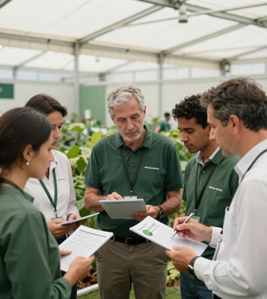 A professional collaborative scene in an International / Global agricultural hub, showing diverse experts reviewing environmental data on site, clean outdoor lighting, professional and authoritative tone, using a palette of forest green and off-white.